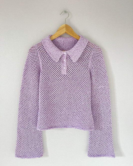 Full view of lavender body-hugging polo blouse with collar and placket