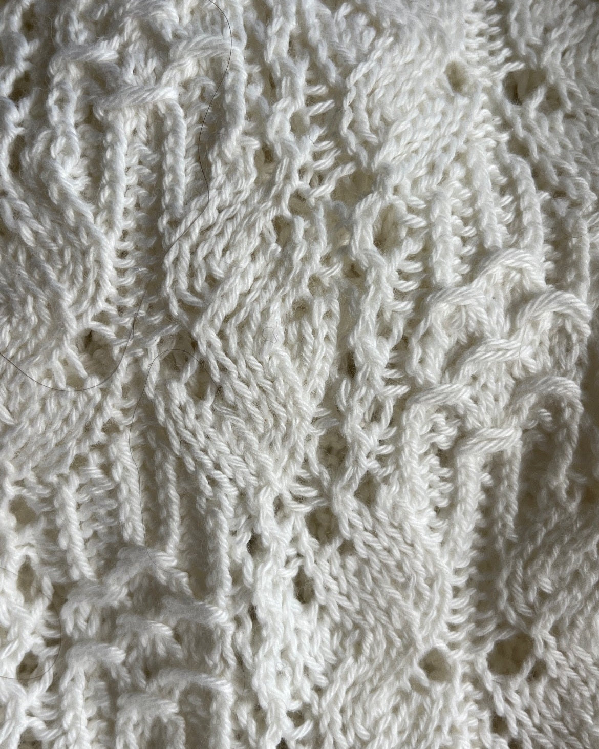 Close-up of a white or off-white knitted fabric with an intricate openwork lace pattern.