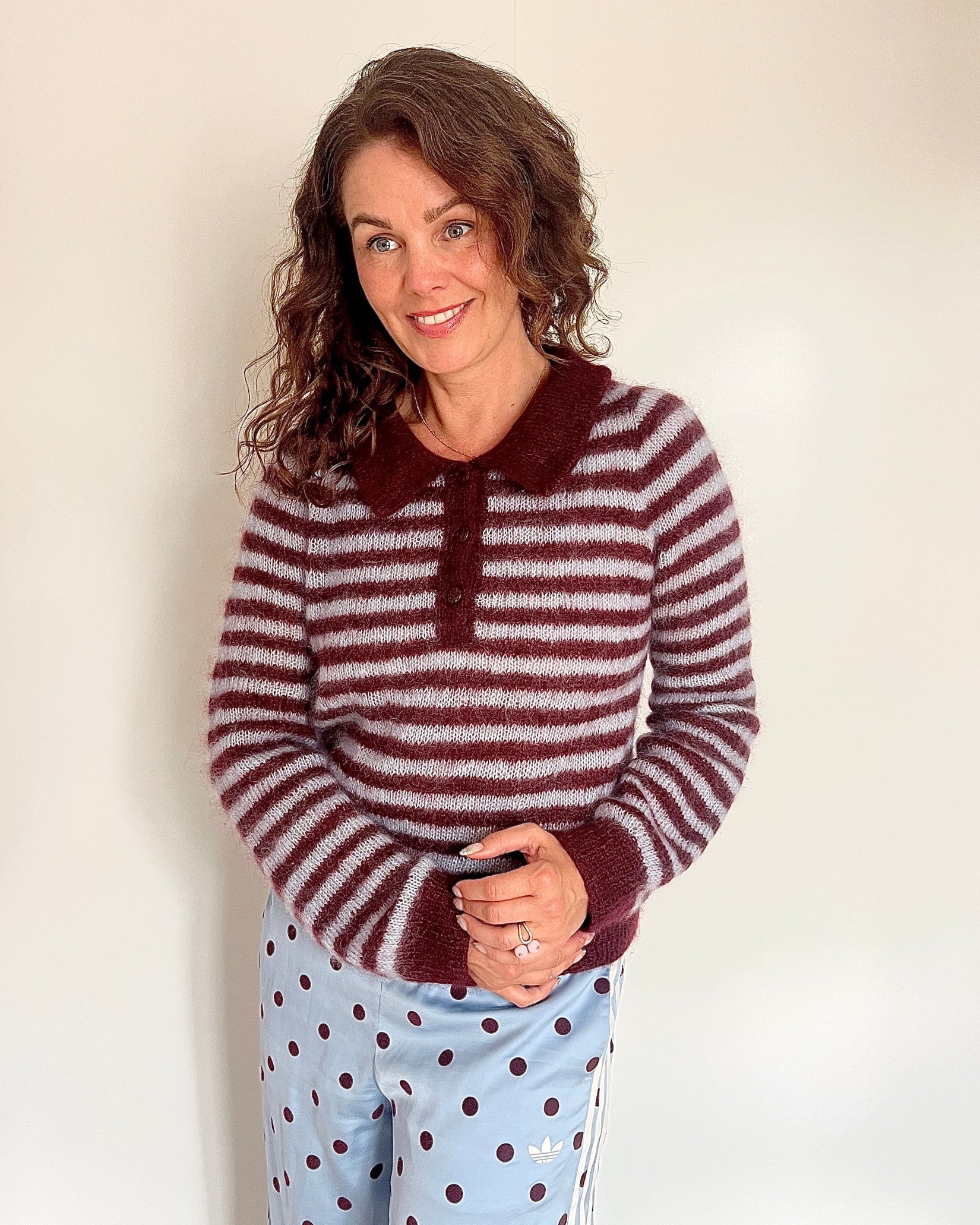 Maroon and gray striped mohair polo sweater with body-hugging fit