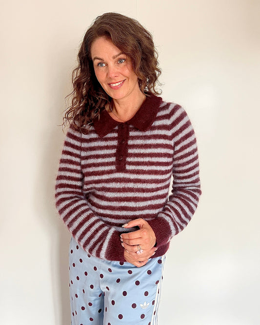 Maroon and gray striped mohair polo sweater with body-hugging fit
