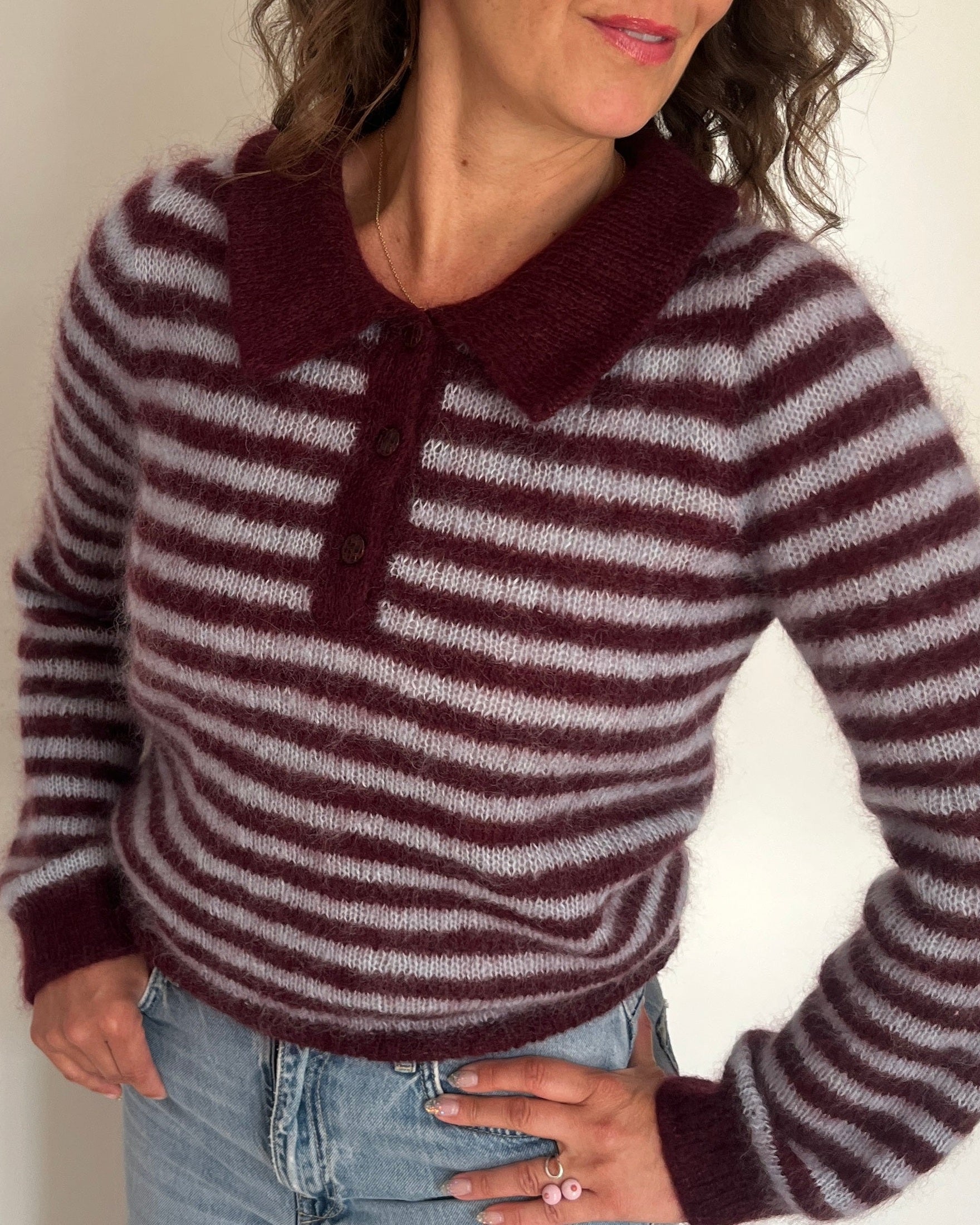 Maroon and gray striped knitted polo sweater with solid collar and buttons