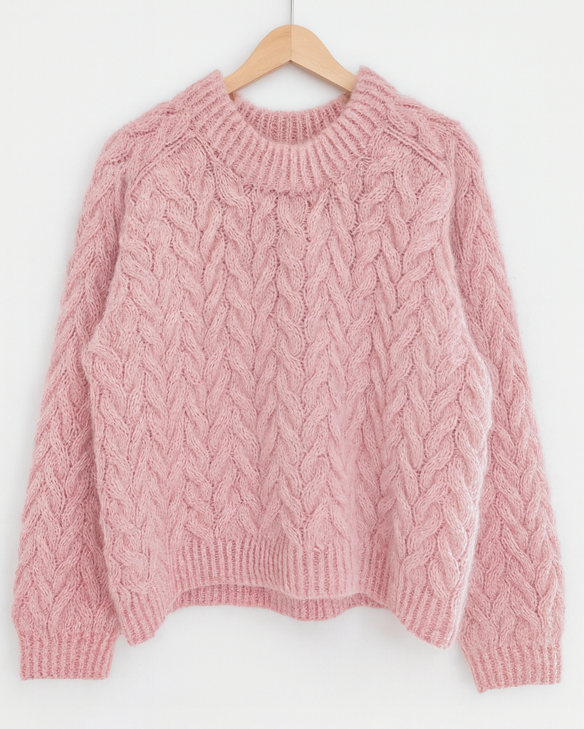 Pink cable knit sweater on a wooden hanger against a white background